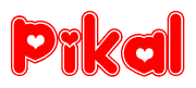 The image is a red and white graphic with the word Pikal written in a decorative script. Each letter in  is contained within its own outlined bubble-like shape. Inside each letter, there is a white heart symbol.