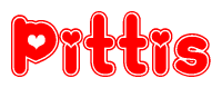 The image is a red and white graphic with the word Pittis written in a decorative script. Each letter in  is contained within its own outlined bubble-like shape. Inside each letter, there is a white heart symbol.