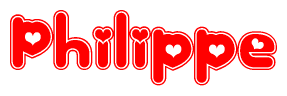 The image is a clipart featuring the word Philippe written in a stylized font with a heart shape replacing inserted into the center of each letter. The color scheme of the text and hearts is red with a light outline.