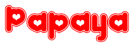 The image is a red and white graphic with the word Papaya written in a decorative script. Each letter in  is contained within its own outlined bubble-like shape. Inside each letter, there is a white heart symbol.
