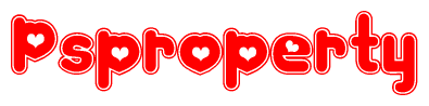   The image is a red and white graphic with the word Psproperty written in a decorative script. Each letter in  is contained within its own outlined bubble-like shape. Inside each letter, there is a white heart symbol. 