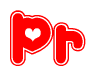 The image is a red and white graphic with the word Pr written in a decorative script. Each letter in  is contained within its own outlined bubble-like shape. Inside each letter, there is a white heart symbol.