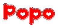 The image is a clipart featuring the word Popo written in a stylized font with a heart shape replacing inserted into the center of each letter. The color scheme of the text and hearts is red with a light outline.