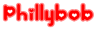 The image displays the word Phillybob written in a stylized red font with hearts inside the letters.