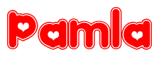 The image is a clipart featuring the word Pamla written in a stylized font with a heart shape replacing inserted into the center of each letter. The color scheme of the text and hearts is red with a light outline.