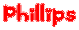 The image is a clipart featuring the word Phillips written in a stylized font with a heart shape replacing inserted into the center of each letter. The color scheme of the text and hearts is red with a light outline.