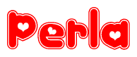 The image is a red and white graphic with the word Perla written in a decorative script. Each letter in  is contained within its own outlined bubble-like shape. Inside each letter, there is a white heart symbol.