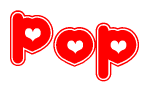 The image is a clipart featuring the word Pop written in a stylized font with a heart shape replacing inserted into the center of each letter. The color scheme of the text and hearts is red with a light outline.