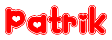 The image is a red and white graphic with the word Patrik written in a decorative script. Each letter in  is contained within its own outlined bubble-like shape. Inside each letter, there is a white heart symbol.