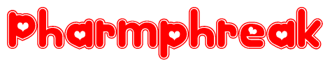 The image is a red and white graphic with the word Pharmphreak written in a decorative script. Each letter in  is contained within its own outlined bubble-like shape. Inside each letter, there is a white heart symbol.