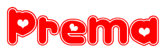The image is a clipart featuring the word Prema written in a stylized font with a heart shape replacing inserted into the center of each letter. The color scheme of the text and hearts is red with a light outline.