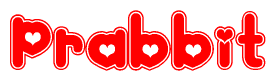 The image is a clipart featuring the word Prabbit written in a stylized font with a heart shape replacing inserted into the center of each letter. The color scheme of the text and hearts is red with a light outline.