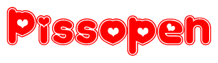 The image is a clipart featuring the word Pissopen written in a stylized font with a heart shape replacing inserted into the center of each letter. The color scheme of the text and hearts is red with a light outline.
