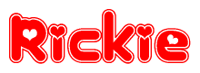 The image is a red and white graphic with the word Rickie written in a decorative script. Each letter in  is contained within its own outlined bubble-like shape. Inside each letter, there is a white heart symbol.