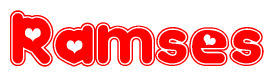 The image is a clipart featuring the word Ramses written in a stylized font with a heart shape replacing inserted into the center of each letter. The color scheme of the text and hearts is red with a light outline.