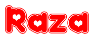 The image is a red and white graphic with the word Raza written in a decorative script. Each letter in  is contained within its own outlined bubble-like shape. Inside each letter, there is a white heart symbol.