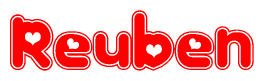 The image is a red and white graphic with the word Reuben written in a decorative script. Each letter in  is contained within its own outlined bubble-like shape. Inside each letter, there is a white heart symbol.