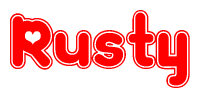 The image is a clipart featuring the word Rusty written in a stylized font with a heart shape replacing inserted into the center of each letter. The color scheme of the text and hearts is red with a light outline.