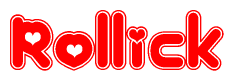 The image is a red and white graphic with the word Rollick written in a decorative script. Each letter in  is contained within its own outlined bubble-like shape. Inside each letter, there is a white heart symbol.