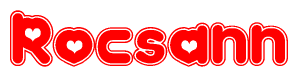 The image is a red and white graphic with the word Rocsann written in a decorative script. Each letter in  is contained within its own outlined bubble-like shape. Inside each letter, there is a white heart symbol.