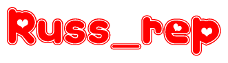 The image is a red and white graphic with the word Russ rep written in a decorative script. Each letter in  is contained within its own outlined bubble-like shape. Inside each letter, there is a white heart symbol.