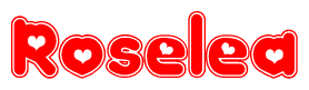 The image is a red and white graphic with the word Roselea written in a decorative script. Each letter in  is contained within its own outlined bubble-like shape. Inside each letter, there is a white heart symbol.