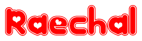 The image is a red and white graphic with the word Raechal written in a decorative script. Each letter in  is contained within its own outlined bubble-like shape. Inside each letter, there is a white heart symbol.