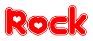 The image is a clipart featuring the word Rock written in a stylized font with a heart shape replacing inserted into the center of each letter. The color scheme of the text and hearts is red with a light outline.
