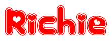 The image is a red and white graphic with the word Richie written in a decorative script. Each letter in  is contained within its own outlined bubble-like shape. Inside each letter, there is a white heart symbol.