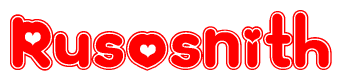 The image is a clipart featuring the word Rusosnith written in a stylized font with a heart shape replacing inserted into the center of each letter. The color scheme of the text and hearts is red with a light outline.