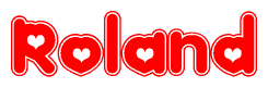 The image is a clipart featuring the word Roland written in a stylized font with a heart shape replacing inserted into the center of each letter. The color scheme of the text and hearts is red with a light outline.