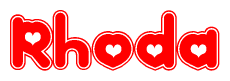   The image is a red and white graphic with the word Rhoda written in a decorative script. Each letter in  is contained within its own outlined bubble-like shape. Inside each letter, there is a white heart symbol. 