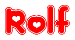 The image is a clipart featuring the word Rolf written in a stylized font with a heart shape replacing inserted into the center of each letter. The color scheme of the text and hearts is red with a light outline.
