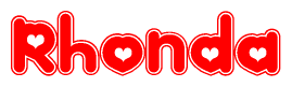 The image is a red and white graphic with the word Rhonda written in a decorative script. Each letter in  is contained within its own outlined bubble-like shape. Inside each letter, there is a white heart symbol.