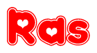 The image displays the word Ras written in a stylized red font with hearts inside the letters.