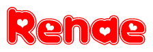 The image is a red and white graphic with the word Renae written in a decorative script. Each letter in  is contained within its own outlined bubble-like shape. Inside each letter, there is a white heart symbol.