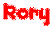 The image is a red and white graphic with the word Rory written in a decorative script. Each letter in  is contained within its own outlined bubble-like shape. Inside each letter, there is a white heart symbol.
