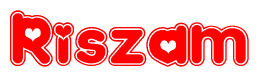 The image is a red and white graphic with the word Riszam written in a decorative script. Each letter in  is contained within its own outlined bubble-like shape. Inside each letter, there is a white heart symbol.