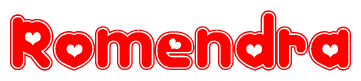 The image is a red and white graphic with the word Romendra written in a decorative script. Each letter in  is contained within its own outlined bubble-like shape. Inside each letter, there is a white heart symbol.