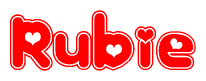 The image is a clipart featuring the word Rubie written in a stylized font with a heart shape replacing inserted into the center of each letter. The color scheme of the text and hearts is red with a light outline.