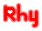The image is a red and white graphic with the word Rhy written in a decorative script. Each letter in  is contained within its own outlined bubble-like shape. Inside each letter, there is a white heart symbol.