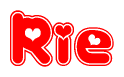 The image is a red and white graphic with the word Rie written in a decorative script. Each letter in  is contained within its own outlined bubble-like shape. Inside each letter, there is a white heart symbol.