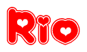 The image is a clipart featuring the word Rio written in a stylized font with a heart shape replacing inserted into the center of each letter. The color scheme of the text and hearts is red with a light outline.
