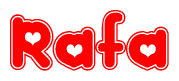 The image is a red and white graphic with the word Rafa written in a decorative script. Each letter in  is contained within its own outlined bubble-like shape. Inside each letter, there is a white heart symbol.