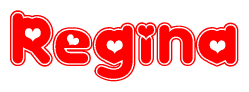 The image is a clipart featuring the word Regina written in a stylized font with a heart shape replacing inserted into the center of each letter. The color scheme of the text and hearts is red with a light outline.