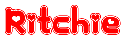 The image is a red and white graphic with the word Ritchie written in a decorative script. Each letter in  is contained within its own outlined bubble-like shape. Inside each letter, there is a white heart symbol.