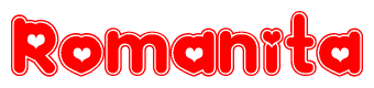 The image is a clipart featuring the word Romanita written in a stylized font with a heart shape replacing inserted into the center of each letter. The color scheme of the text and hearts is red with a light outline.
