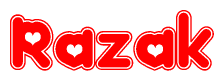 The image displays the word Razak written in a stylized red font with hearts inside the letters.