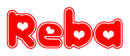 The image is a clipart featuring the word Reba written in a stylized font with a heart shape replacing inserted into the center of each letter. The color scheme of the text and hearts is red with a light outline.