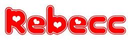 The image is a red and white graphic with the word Rebecc written in a decorative script. Each letter in  is contained within its own outlined bubble-like shape. Inside each letter, there is a white heart symbol.